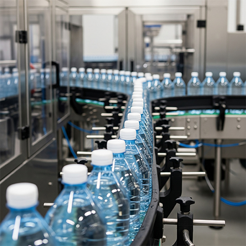 High-speed production line with ozone in bottling process for safe packaging.